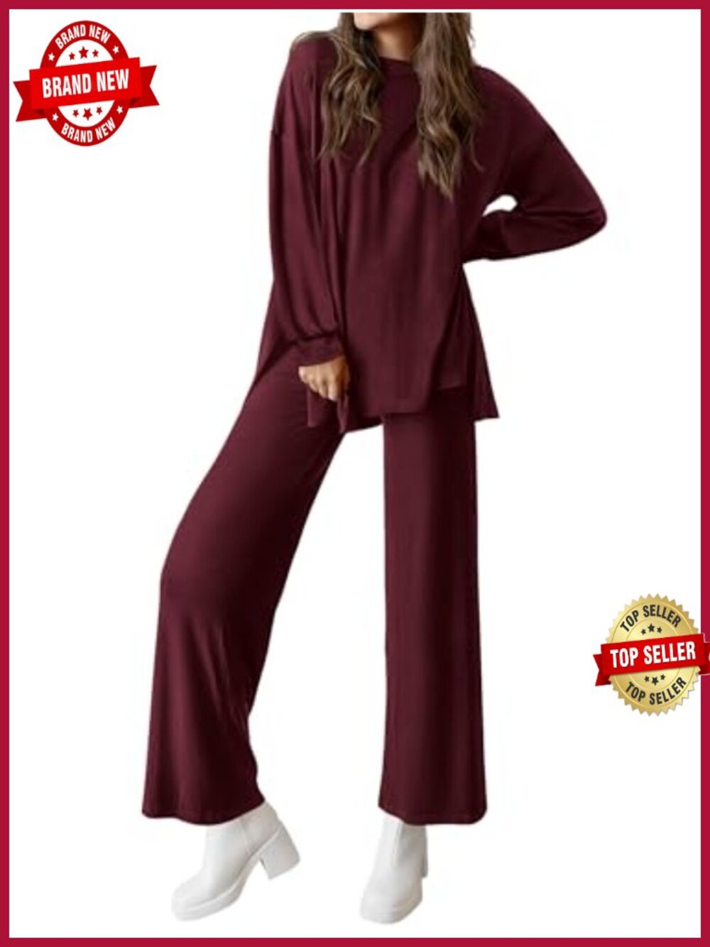 PRETTYGARDEN Two Piece Lounge Set Viscose Blend Wide Leg Pants & Crewneck Top